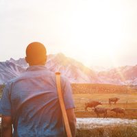 A shallow focus from behind of a male standing on a pathway in the middle of a grassy field with mountains in the distance